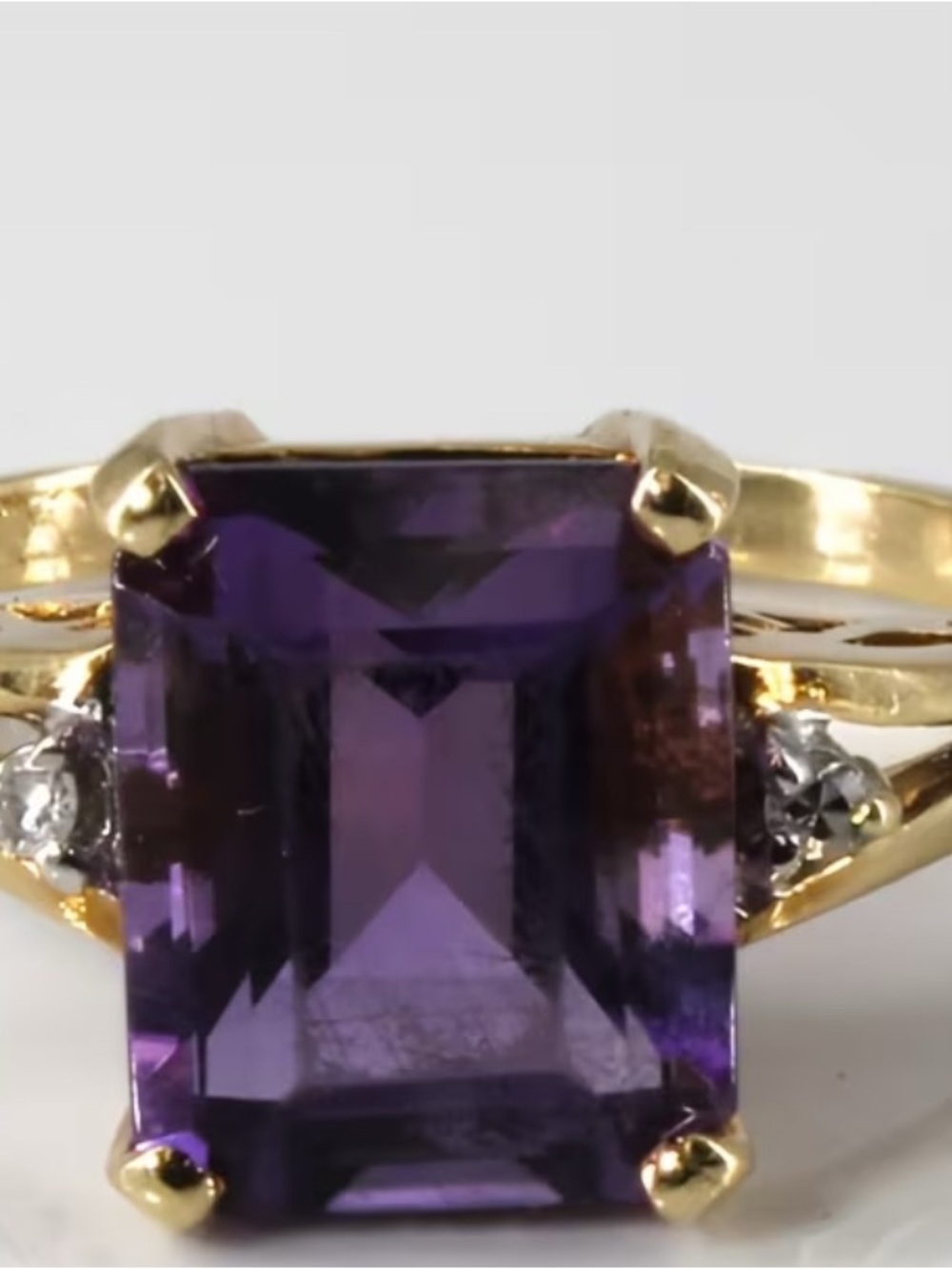 Gold Ring with Deep Purple Emerald-Cut Stone and Diamond Accents